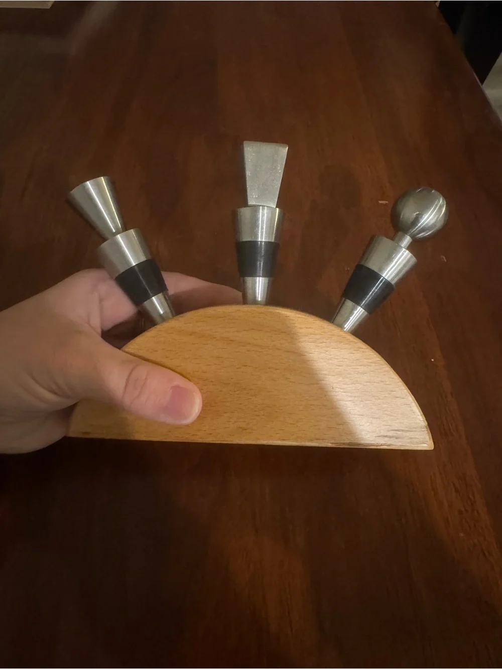 Stainless Steel Wine Stopper Set with Wood Stand - Black Accents
